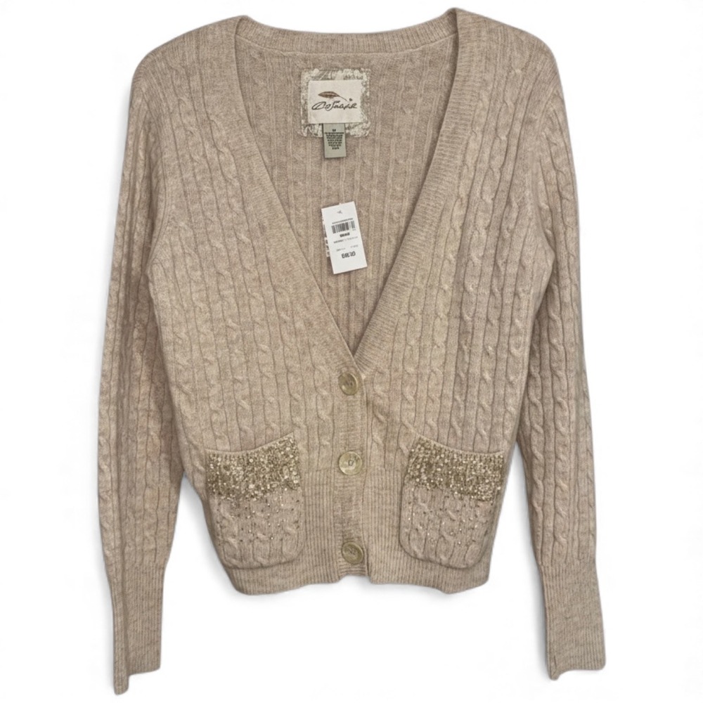 Bob Timberlake Lambswool Angora Sequin Cable Knit Cardigan Sweater Cream‎ Womens